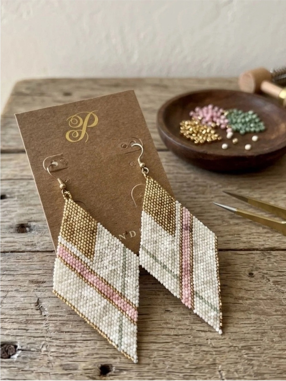 Plunder White, Gold, Pink & Green Beaded Chevron Drop Earrings - Picture 1 of 2
